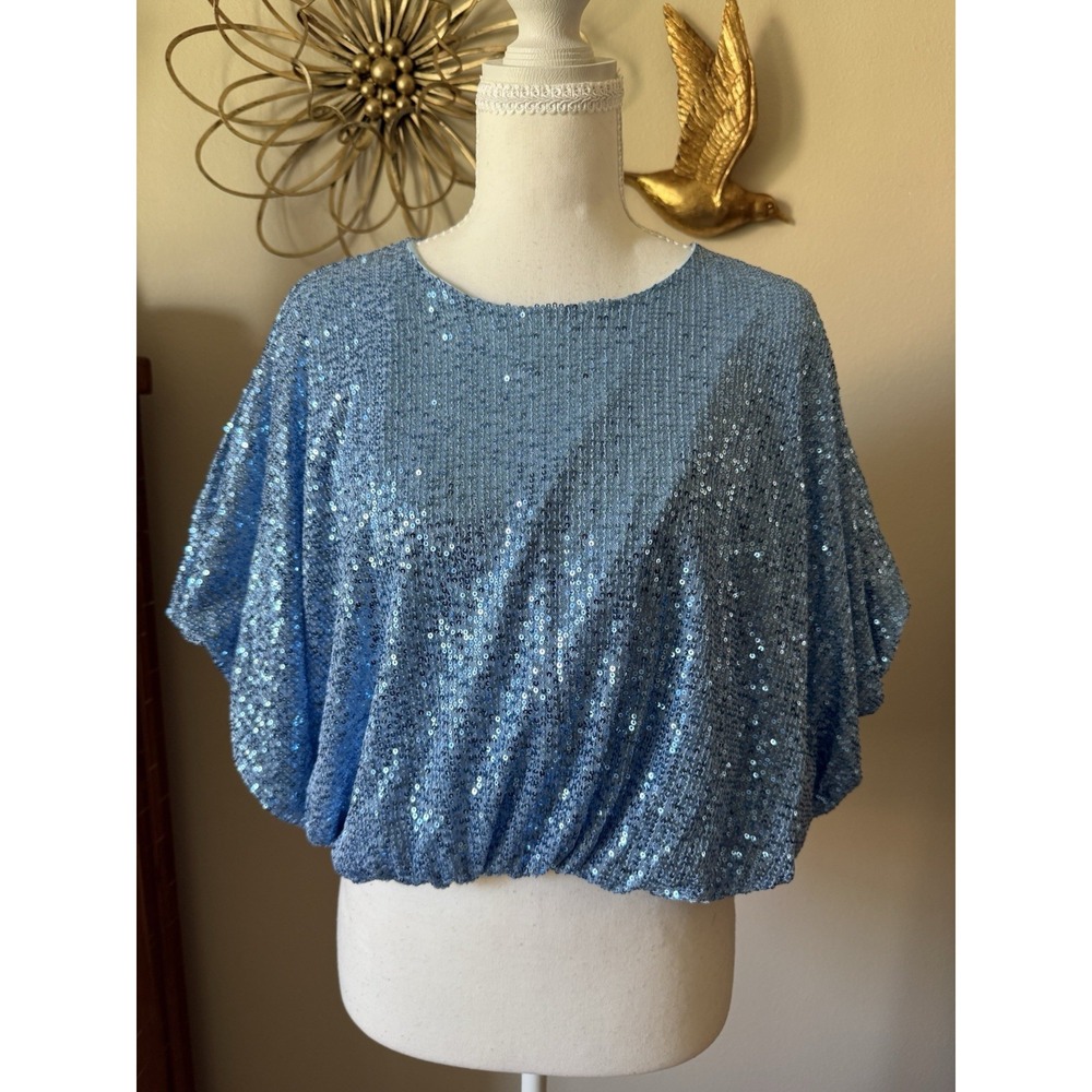 Endless Rose Sequin Cropped Puff Top Blue Size M NWT Party Holiday $80
